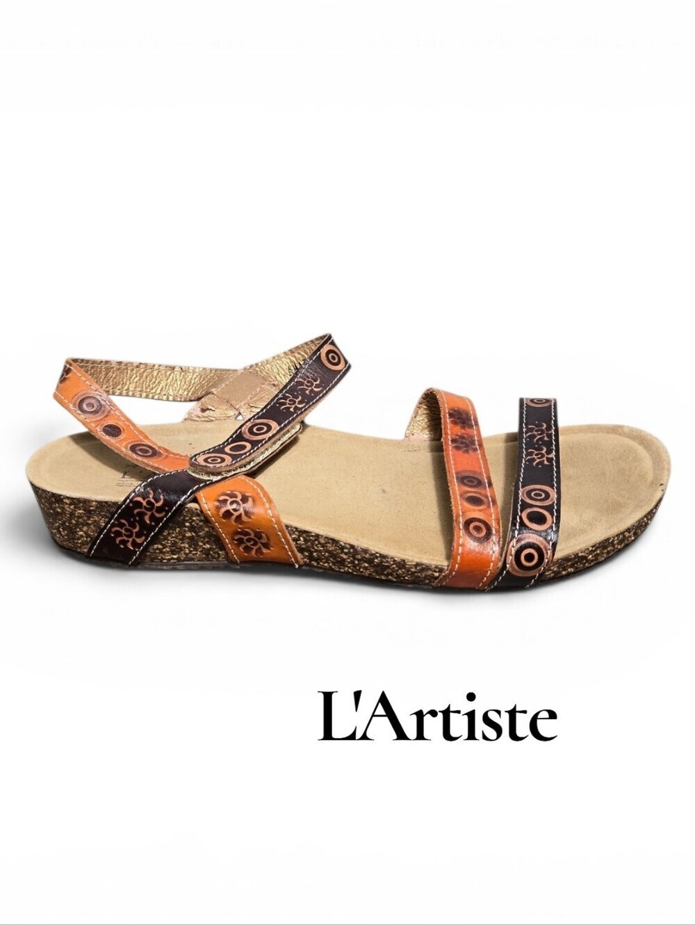 L'ATISTE Spring Step Women's Orange and Brown Leather Cork Strappy Sandal